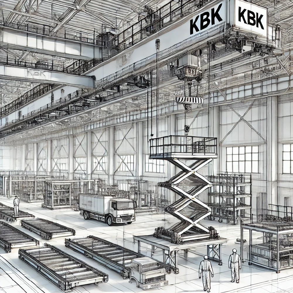 DALL·E 2024-08-02 14.11.53 - A detailed illustration of a KBK crane system in an industrial setting. The image shows a modular lightweight crane with a suspended rail system, adju.jpg